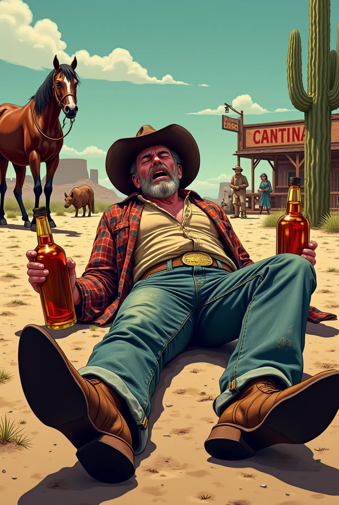 A drunk cowboy with two large bottles of liquor in his hands lying on a hyper-realistic comic wild west look, a cactus on the ground in the background, a cantina in the distance, a cowgirl woman helping him next to a horse, a dog, an armadillo