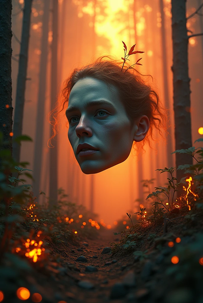 Human head and inside a burning forest
