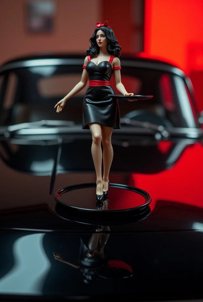 Waitress figure with black and red tray, sitting on the hood of a black car for a logo

