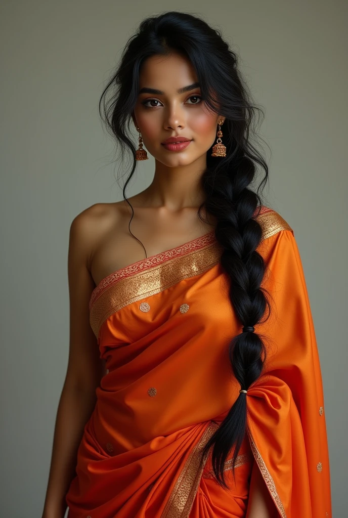 A white south indian woman with oily hairs completely in a big braid touching hur hips, big breasts, seductive smile and waering a saree but seductively