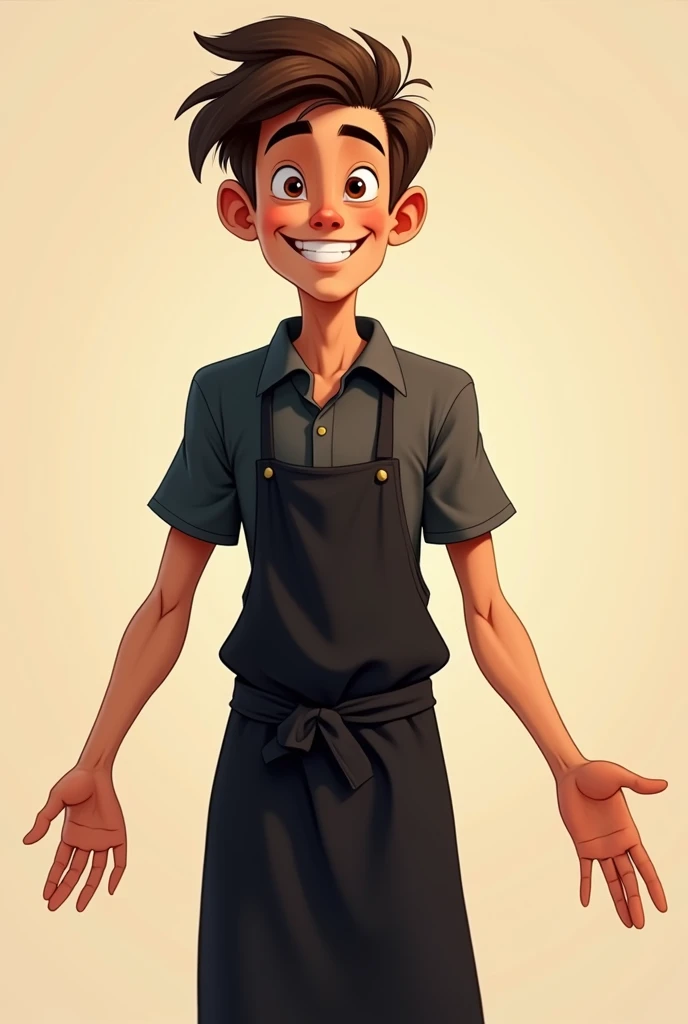 Young 25 year old boy smiling for taco shop logo, disheveled, long hair brown skin , thin and sharp face, small head, Skinny body, Medium and thin nose with outstretched arms dressed in a long black short-sleeved shirt and a black kitchen apron.