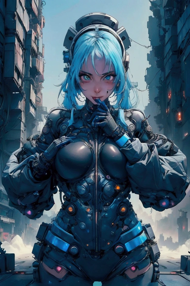Cyber girl sexy Grabbing a cable and biting it, In a futuristic dystopian city, Next to it an announcement that says no signal In a large building back