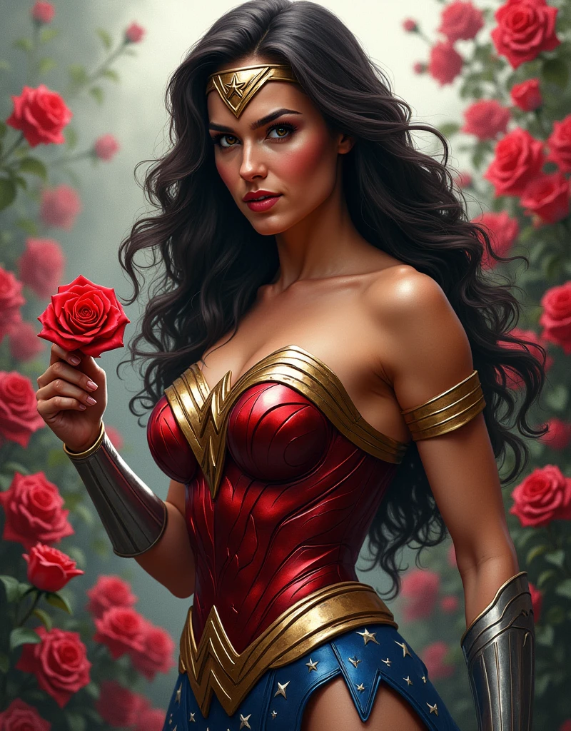 rose garden, Whole body,a woman in costume holding a rose, Wonder Woman, Portrait of Wonder Woman, Gal Gadot as Wonder Woman, Gal Gadot sexy painting, Wojtek FUS, Photo of Gal Gadot, gal gadot hybrid, Gal Gadot as the Lord of Hell, Dwayne Johnson como la Wonder Woman, Portrait of Gal Gadot, comic artgerm