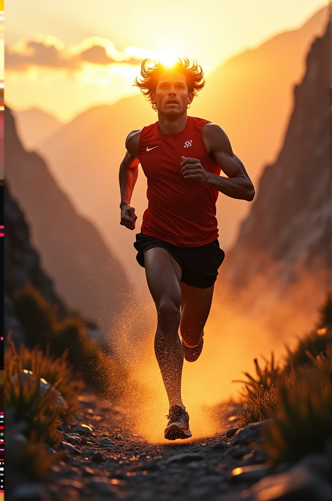 A powerful and determined athlete running through a mountainous trail with the sun rising behind them, symbolizing the inner dynamo ready to be unleashed. The runner’s expression is focused, radiating confidence and relentless energy, with glowing particles swirling around them, representing positivity and resilience