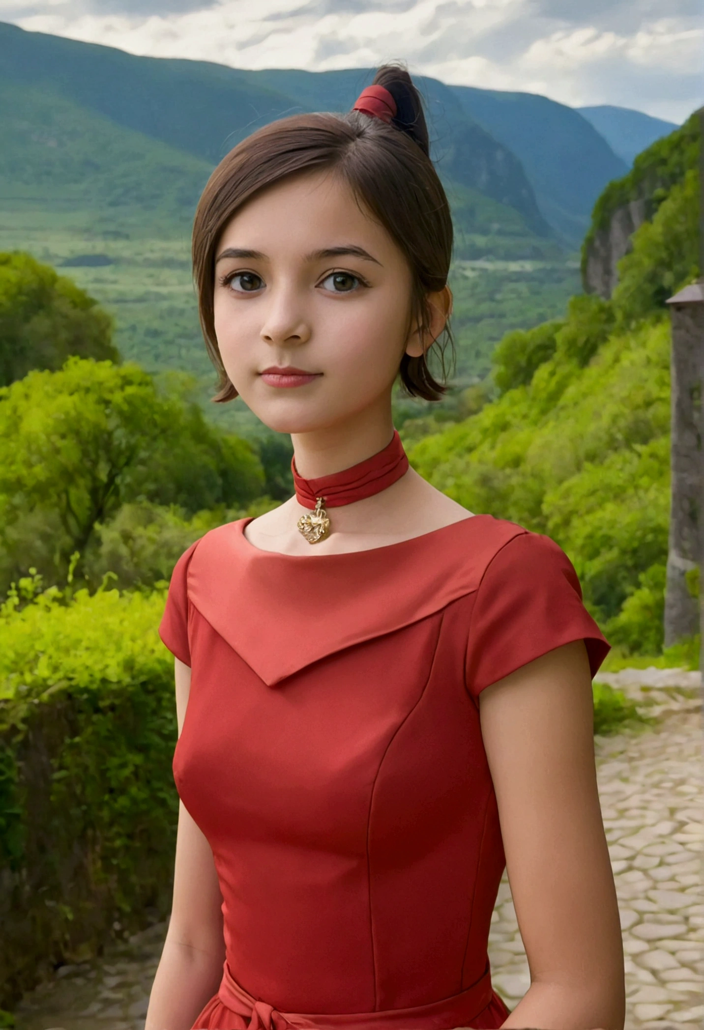 Portrait for young girl with short neck wearing red dress 