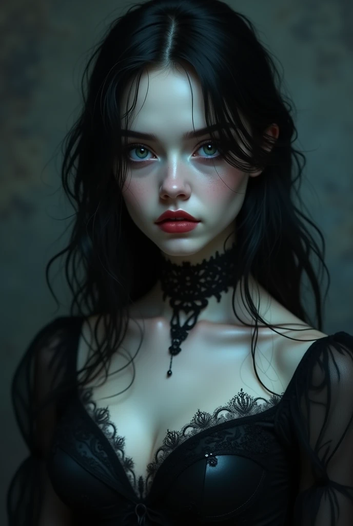 gothic teenager, gothic black dress, with black hair. giant neckline, 30 cm high. blue eyes. pale and white skin. big breasts and slim build. linda.