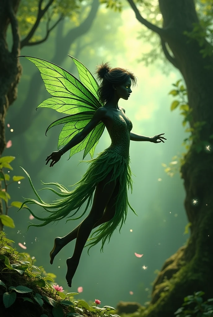 Black Fairy, green-eyed, green wings and green foliage outfit flying in a forest.