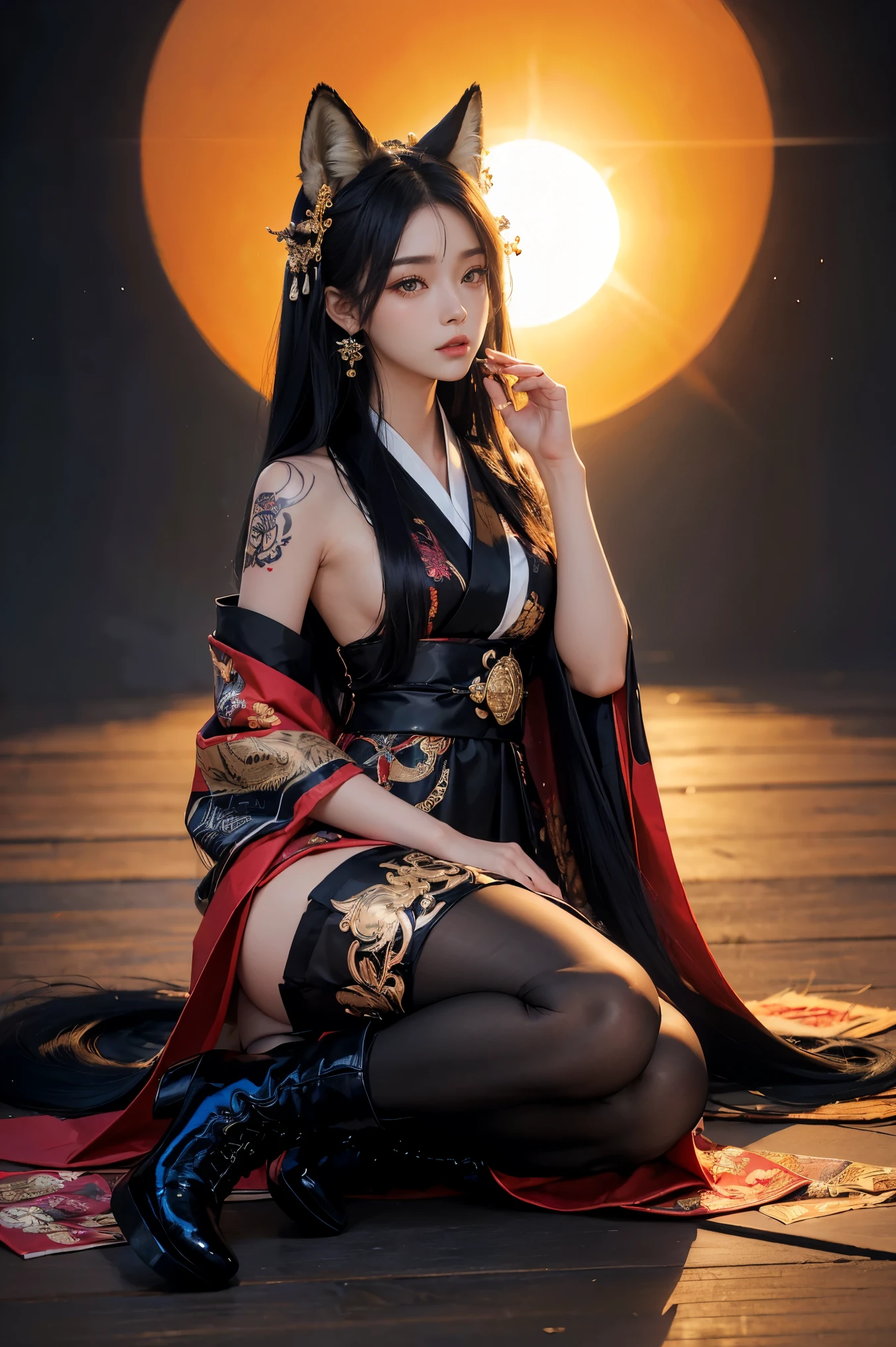 (Absurdly , high quality , Very detailed,View Photographer)、(((Black Super Straight Hair、Fox Ears)))、(((Fox God)))、Gorgeous and elegant Japanese kimonos, beautifully detailed with intricate patterns and traditional designs、((hair ornaments、Earrings、pantyhose、Knee-high boots))、((Tattoo))、(masterpiece, 最high quality, 最high quality, Official Art, Beauty and aesthetics: 1.2), (One person: 1.3)、(((Background of the sun)))
