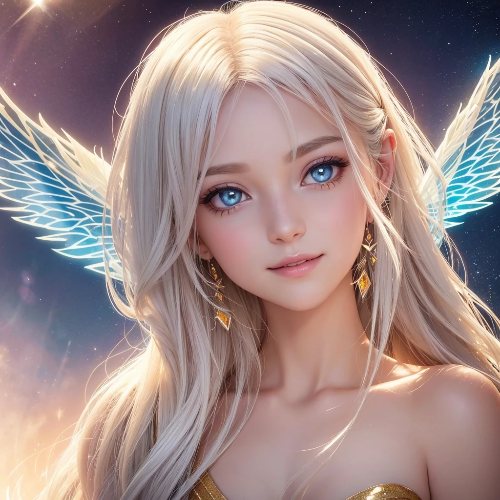 "Create an extreme close-up portrait of a Luminous Fairy. The focus should be on her radiant face, with flowing golden or white hair framing her features. Her eyes are bright and shining, radiating warmth and compassion. Her expression is warm and nurturing, with a gentle, reassuring smile and eyes that convey a deep sense of kindness. Her shimmering, prism-like wings can be subtly visible in the background, adding a touch of celestial glow to the image. The background should be softly blurred to keep the emphasis on her divine and heavenly aura."