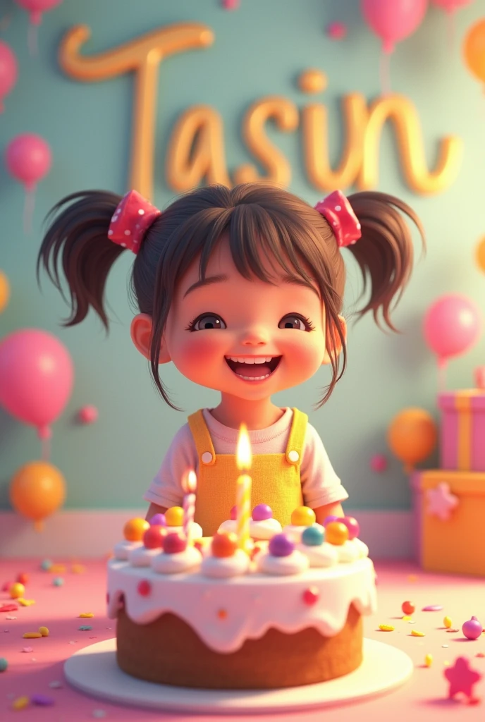 Cute  girl happy birthday Infront of cake. background text her name TASIN