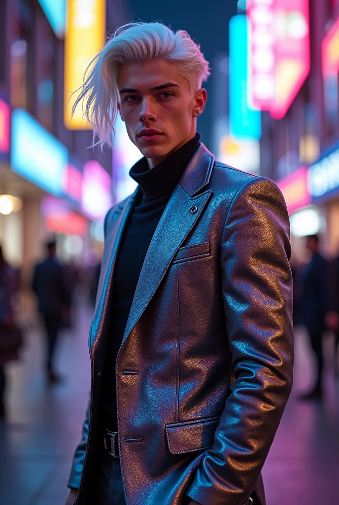 Certainly! Here’s the revised description with an elegant outfit for the young man that matches his striking beauty:
"In a striking cyberpunk metropolis, a vivid portrait captures the young man as a stunning bionic figure, confidently posing for the camera in a bustling future marketplace. He wears a sleek, tailored suit made of a shimmering metallic fabric that hugs his form elegantly, highlighting his powerful stature while showcasing intricately designed bionic enhancements—glowing circuitry visible beneath the fabric, pulsing rhythmically with the neon lights surrounding him.
His skin, fair and luminous, glows under the kaleidoscope of colorful holographic displays advertising futuristic products and services, creating an electrifying backdrop that enhances his presence. His hair, a cascade of silver locks, flows elegantly around his face, beautifully framing his chiseled features as he gazes directly into the lens, his synthetic eyes radiating confidence and allure, embodying both strength and sophistication.
The suit’s design features deep, intricate patterns of circuitry that resonate with the neon aesthetic, complemented by a high-collared jacket that adds an air of sophistication. The air is charged with the sounds of lively conversations and the whir of drones delivering goods, but in this moment, he commands the scene—a captivating figure amid the vibrant chaos. A digital projection of upcoming tech innovations glimmers beside him, showcasing art and messages of social change that resonate deeply with his powerful presence.
(Radiant neon lighting, deep contrasts, and sharp details), 160-color support, filmed on ARRI ALEXA 65, creating an immersive experience that feels both surreal and breathtakingly real. Shot by Don McCullin, this image connects his striking bionic features with the heart of a futuristic world, capturing a moment that’s as enchanting as it is transformative."
beauty, cyberpunk, bionic, futuristic, Spider-Man, model, elegance, urb
