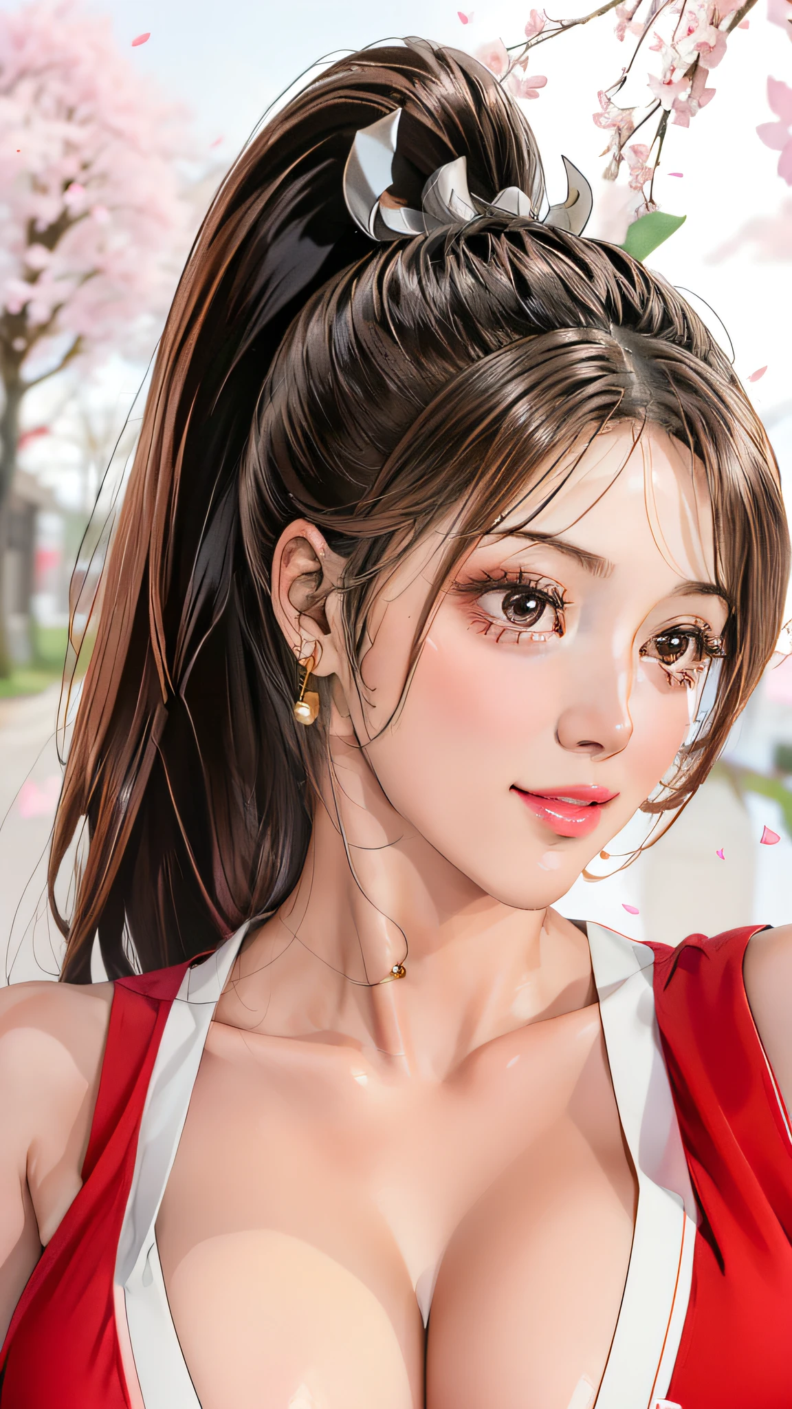 Japanese Beauty，Cherry Blossoms，Petals are just beginning to fall, In a park rich in nature、plant, (((sexly姿势的杰作))), ((best quality)), ((complicated)), ((Surrealism)), Mature woman, Mature woman, , Very detailed, shape, mai Shiranui, ((Huge breasts)), Perfect hands, finger details, beautiful eyes, ponytail，Brown eyes, (mai Shiranui suits:1.2),  earrings, Long detailed background, Perfect eyes, Charming eyes, Looking at the audience,  Rosy cheeks，sexly，Cleavage，cute，Smile，beauty，Breast close-up，beauty breasts，Osaka Castle，Japanese Shrines，Lots of hair，Exquisite facial features，charming