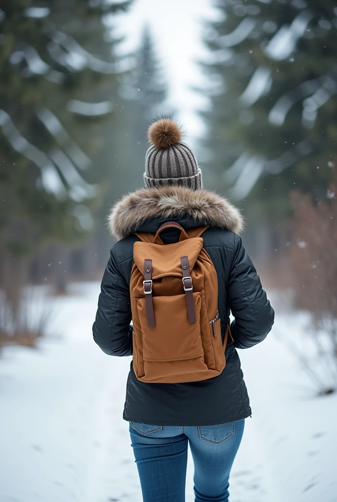 seed 1371279232, woman with a backpack and a wool hat, walking in the snow. Surrounded by pine trees