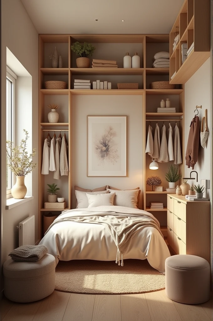 A 3 x 3 meter room that includes a double bed and plenty of storage furniture