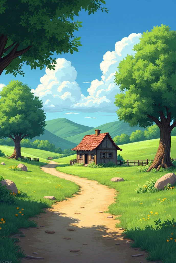 A landscape with trees and a dirt road leading to a rustic house