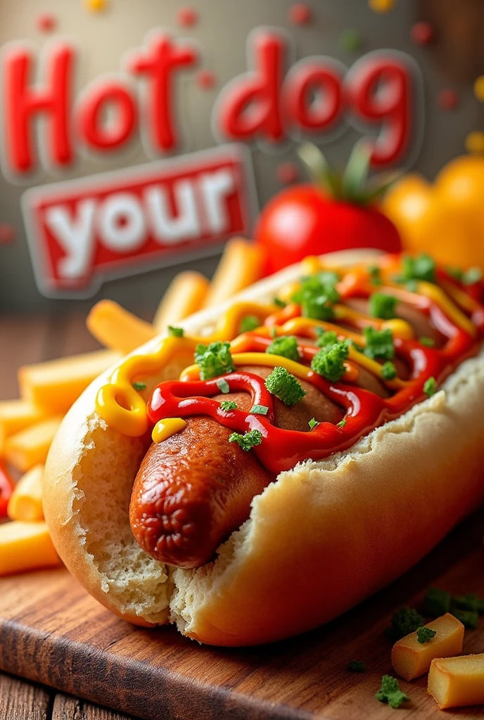 Wallpaper image with words in the background for hot dog advertising