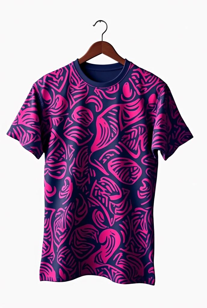 Plain t-shirt with African cubism patterns in purple and neon colors on a white background 