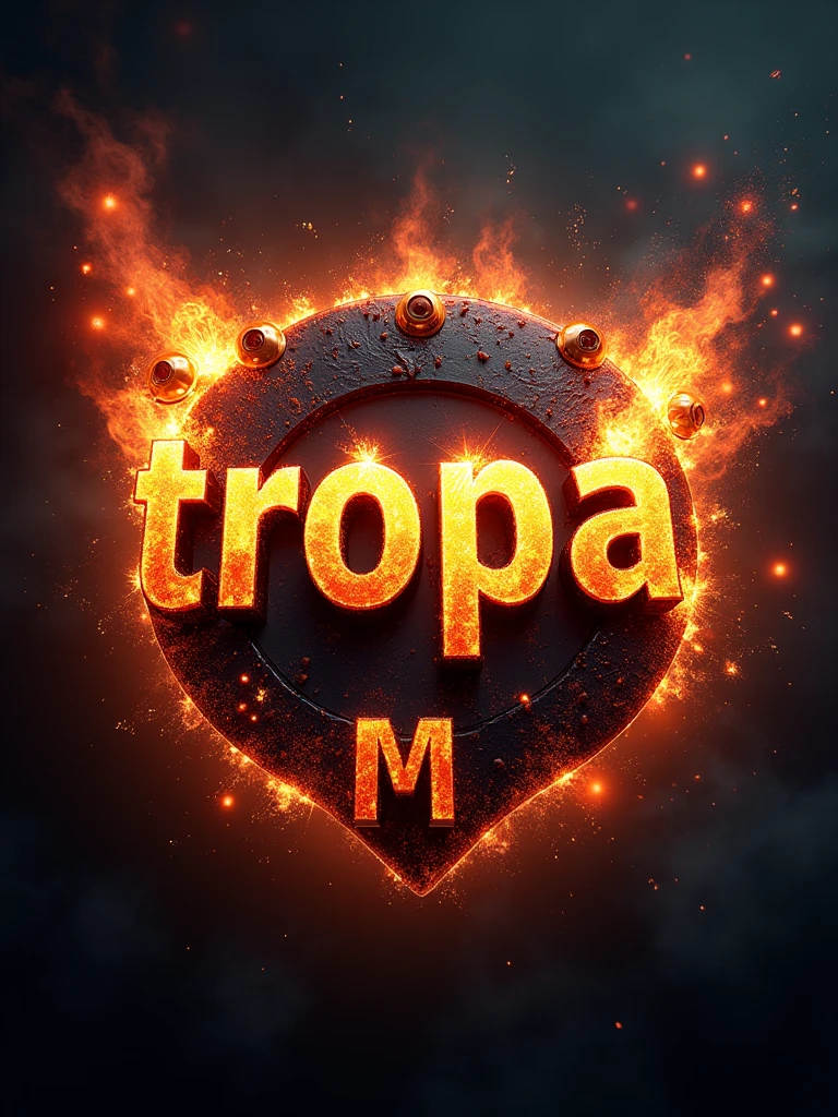 A logo written "TROPA M" in an epic font of fireworks and grooves, with 4 eyes on the tips