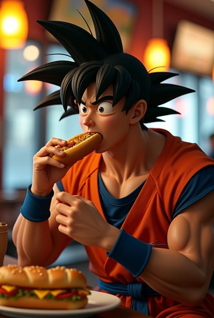 Dragon ball goku，
full body portrait，of a real，Facial features are carefully depicted.，realistic skin texture，dark style，Depth of fields，Stand out，true light，ray tracing，OC rendering，Hyper realistic，The best quality，8k，Works of masters，super-fine，Detailed pubic hair，correct anatomy，sharp focus on eyes，Facial features are carefully depicted.. goku enjoying a hot dog at a restaurant" Description: In a goku fast food restaurant, the famous saiyan warrior, is in the kitchen, surrounded by delicious aromas. Dressed in his iconic martial arts uniform.,