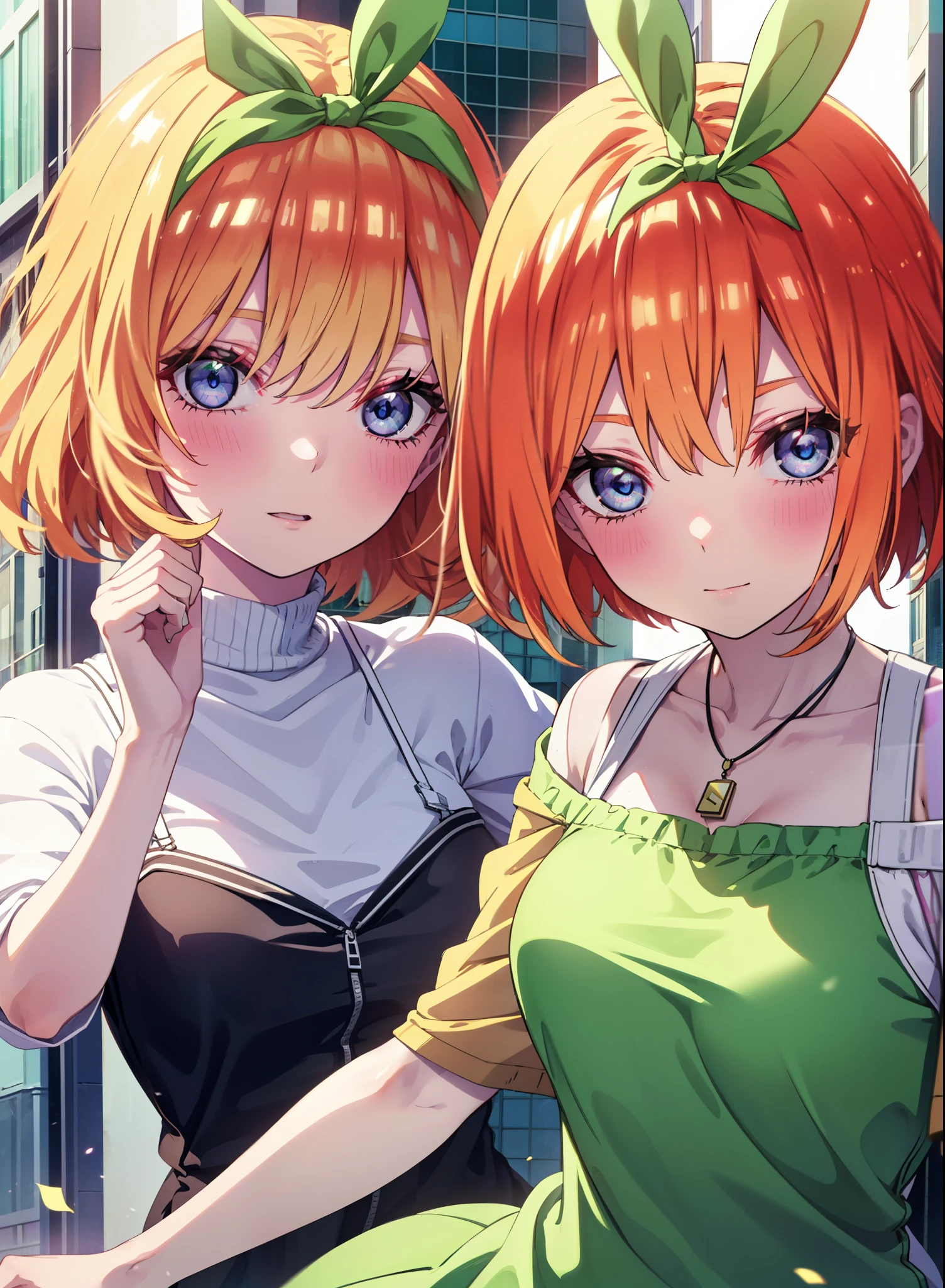 Yotsubanakano, Fourth floor Nakano, bangs, short hair, blue eyes, Hair between the eyes, hair ribbon, hair band, Orange Hair, (Green ribbon:1.5), smile, blush,Open your mouth,Off-the-shoulder mini skirt one-piece dress,Bare neck,bare clavicle,Bare shoulders,Rocket Pendant,Cute heeled sandals,Walking,morning,morning陽,The sun is rising,whole bodyがイラストに入るように,
break outdoors, Building district,
break looking at viewer, whole body,
break (masterpiece:1.2), Highest quality, High resolution, unity 8k wallpaper, (figure:0.8), (Beautiful attention to detail:1.6), Highly detailed face, Perfect lighting, Highly detailed CG, (Perfect hands, Perfect Anatomy),