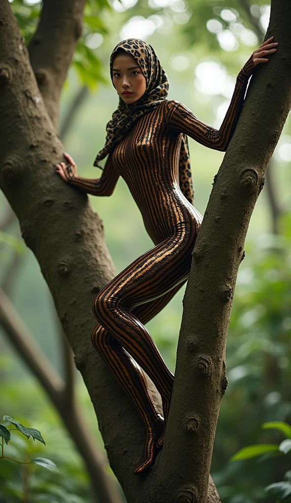 a beautiful and thin Asian and malaysian muslim adult girl with a shiny and beautiful face wears leopard print lycra turtleneck unitard catsuit covered with stripes and always wear leopard print lycra dancewear hijab covered with stripes .She is climbing a tree!