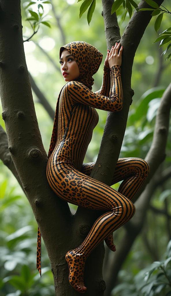 a beautiful and thin Asian and malaysian muslim adult girl with a shiny and beautiful face wears leopard print lycra turtleneck unitard catsuit covered with stripes and always wear leopard print lycra dancewear hijab covered with stripes .She is climbing a tree！