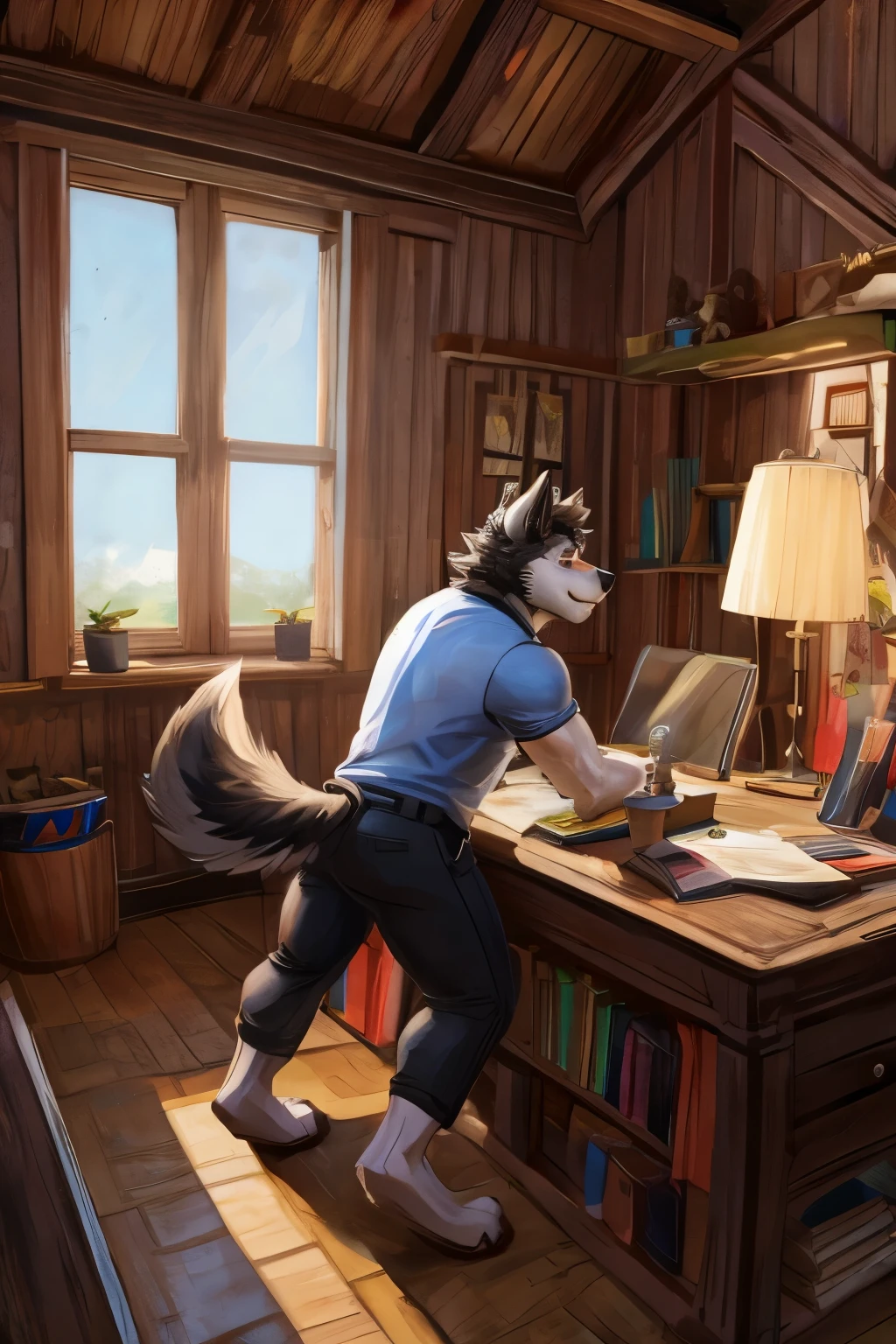 A male wolf alone in his house seconds after being drastically downsized.