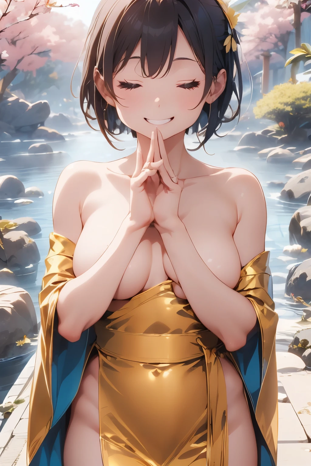 ((Top Quality)), ((Excellent)), (Detailed), ((Kannon Bodhisattva)), ((Japanese God of Saving Souls)), ((Paradise)), ((Nice Hands)), ((Perfect Hands)), Goddess, Full Body, Sunrise, Ultra-Realistic, Stunning Environment, Bright Colors, Shiny Hair, Blunt Bangs, ((Topless)), ((Half Body Gold Robe)), ((Golden Loincloth)), ((Halo)), ((Eyes Closed)), ((Nice Hands)), ((Perfect Hands)), ((Five Fingers)),((Lotus Flower)),lotus position,((Paradise)),