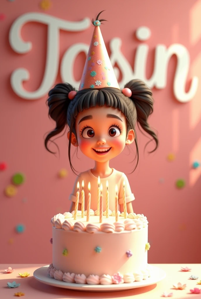Cute  girl happy birthday Infront of cake. background text her name TASIN