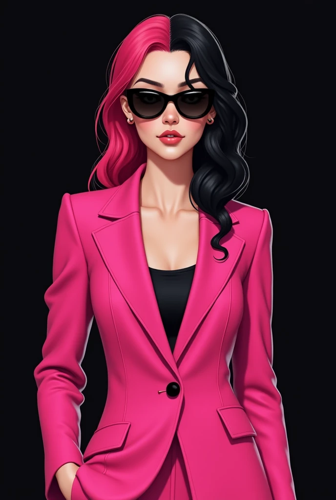 20 years old realistic girl with black and pink hair, wearing pink tuxedo and black shades, black background