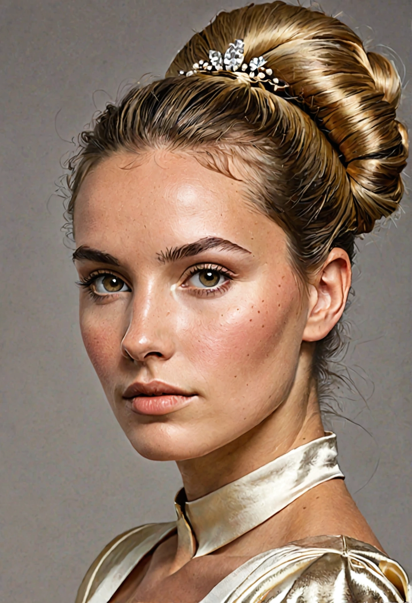 Crée une image hyperréaliste du visage d'une belle femme d'origine européenne, montrée sous trois angles différents en utilisant trois clones identiques. La première clone montre la femme regardant légèrement vers la gauche, la deuxième clone présente une vue de face, et la troisième clone la montre regardant légèrement vers la droite. La femme a un teint bronzé, des cheveux blonds attachés en un chignon ou une queue de cheval, et son grain de peau est clairement visible, avec des détails tels que des pores, de légères imperfections, et une texture naturelle. L'éclairage est doux et uniforme, mettant en valeur les contours du visage, les reflets subtils dans ses cheveux attachés, et la profondeur de son regard. Le fond est neutre pour focaliser toute l'attention sur les orientations du regard et les détails réalistes du visage.