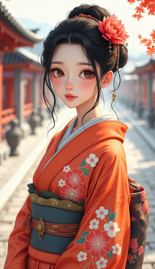 A beautiful young woman wearing brightly colored Japanese clothing、A charming expression、Japanese clothing with red floral pattern on a white background、SeaArt creates beautiful women in kimono、Full Body Shot、background、Shrines and temples、Ukiyo-e style Japanese painting、