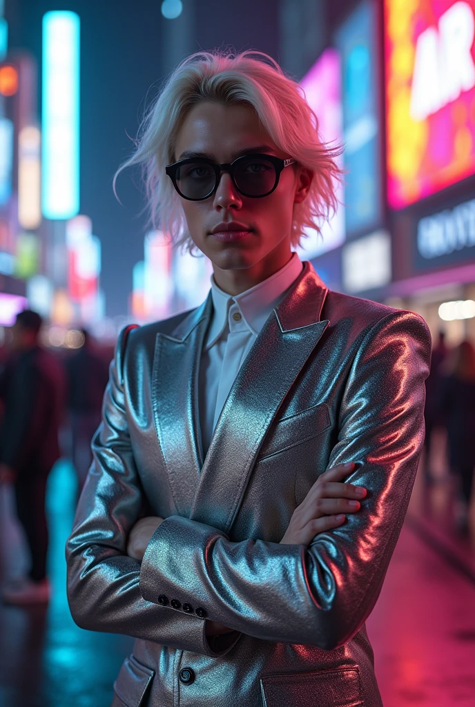 Certainly! Here’s the revised description with an elegant outfit for the young man that matches his striking beauty:
"In a striking cyberpunk metropolis, a vivid portrait captures the young man as a stunning bionic figure, confidently posing for the camera in a bustling future marketplace. He wears a sleek, tailored suit made of a shimmering metallic fabric that hugs his form elegantly, highlighting his powerful stature while showcasing intricately designed bionic enhancements—glowing circuitry visible beneath the fabric, pulsing rhythmically with the neon lights surrounding him.
His skin, fair and luminous, glows under the kaleidoscope of colorful holographic displays advertising futuristic products and services, creating an electrifying backdrop that enhances his presence. His hair, a cascade of silver locks, flows elegantly around his face, beautifully framing his chiseled features as he gazes directly into the lens, his synthetic eyes radiating confidence and allure, embodying both strength and sophistication.
The suit’s design features deep, intricate patterns of circuitry that resonate with the neon aesthetic, complemented by a high-collared jacket that adds an air of sophistication. The air is charged with the sounds of lively conversations and the whir of drones delivering goods, but in this moment, he commands the scene—a captivating figure amid the vibrant chaos. A digital projection of upcoming tech innovations glimmers beside him, showcasing art and messages of social change that resonate deeply with his powerful presence.
(Radiant neon lighting, deep contrasts, and sharp details), 160-color support, filmed on ARRI ALEXA 65, creating an immersive experience that feels both surreal and breathtakingly real. Shot by Don McCullin, this image connects his striking bionic features with the heart of a futuristic world, capturing a moment that’s as enchanting as it is transformative."
beauty, cyberpunk, bionic, futuristic, Spider-Man, model, elegance, urb