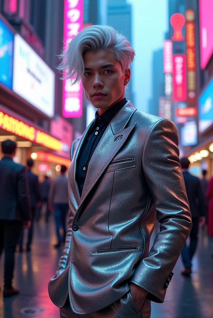 Certainly! Here’s the revised description with an elegant outfit for the young man that matches his striking beauty:
"In a striking cyberpunk metropolis, a vivid portrait captures the young man as a stunning bionic figure, confidently posing for the camera in a bustling future marketplace. He wears a sleek, tailored suit made of a shimmering metallic fabric that hugs his form elegantly, highlighting his powerful stature while showcasing intricately designed bionic enhancements—glowing circuitry visible beneath the fabric, pulsing rhythmically with the neon lights surrounding him.
His skin, fair and luminous, glows under the kaleidoscope of colorful holographic displays advertising futuristic products and services, creating an electrifying backdrop that enhances his presence. His hair, a cascade of silver locks, flows elegantly around his face, beautifully framing his chiseled features as he gazes directly into the lens, his synthetic eyes radiating confidence and allure, embodying both strength and sophistication.
The suit’s design features deep, intricate patterns of circuitry that resonate with the neon aesthetic, complemented by a high-collared jacket that adds an air of sophistication. The air is charged with the sounds of lively conversations and the whir of drones delivering goods, but in this moment, he commands the scene—a captivating figure amid the vibrant chaos. A digital projection of upcoming tech innovations glimmers beside him, showcasing art and messages of social change that resonate deeply with his powerful presence.
(Radiant neon lighting, deep contrasts, and sharp details), 160-color support, filmed on ARRI ALEXA 65, creating an immersive experience that feels both surreal and breathtakingly real. Shot by Don McCullin, this image connects his striking bionic features with the heart of a futuristic world, capturing a moment that’s as enchanting as it is transformative."
beauty, cyberpunk, bionic, futuristic, Spider-Man, model, elegance, urb