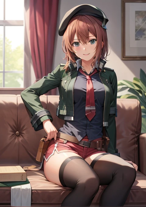 masterpiece, best quality, noel seeker, beret, green jacket, black shirt, necktie, red shorts, black thighhighs, boots, smile, living room, sitting on couch, black eyes 