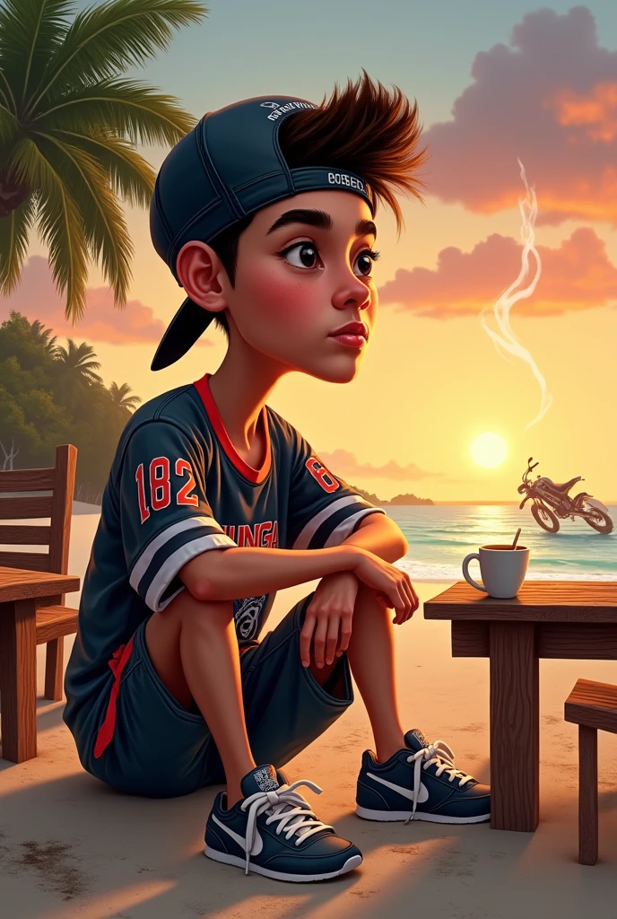 Gambar karikatur realistic,oil paint, an Indonesian youth,handsome face,big head ,wearing a Jersey "182" snapback and bandana,sneakers (looks big),he was sitting on the beach watching the sunset, coconut tree,tables and chairs made of wood,there is a glass of coffee on top,cigarette,dirt bike in front,realistic.