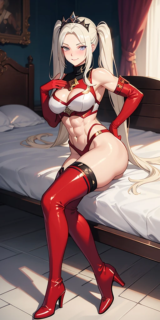 (Edelgard von Hresvelg, white eyelashes and long hair, purple eyes) elegant adult female, crown, turtleneck, full body sitting on a bench, showing ass to me, RED breastplate, RED skin (1SologirlRED skin:1.2), looking at viewer, shiny, armor, thigh highs, high boots, pauldrons shoulder armor, faulds, poleyn, RED gloves gauntlets, rerebrace, RED military armored boots, yordle muscular lean platinum blonde long twin tails hairstyle at the bedroom lustful smirking smile face red blushed, blush, strong abs, female body builder, tiara, twin drills hair, (masterpiece, best quality, ultra detailed, best shadow)