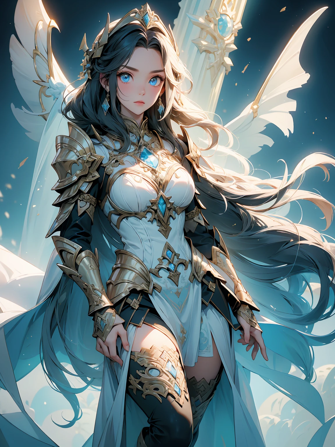 (((masterpiece, best quality, high detailed, 8k)))Full body shot of a fearless paladin with unparalleled beauty, featuring long, dark hair and striking blue eyes. She wears intricately designed draconic armor that glimmers with a mystical aura. Her armor is adorned with dragon scales and ornate patterns, giving it both an imposing and elegant appearance. In her hand, she wields a magnificent sword, the blade shimmering with a divine light, etched with runes of power. She stands in a majestic, celestial landscape, with radiant light filtering through the clouds, casting a holy glow upon her. The ground beneath her is a mix of ancient stones and sacred symbols, glowing softly as if infused with holy energy. Surrounding her are ethereal figures in shades of gold and white, their presence adding to the divine ambiance. The background features towering, ancient ruins and magnificent, skyward-reaching structures, hinting at a grand, heavenly stronghold. The scene is inspiring and powerful, with her face showing a serene yet determined expression, her eyes locked onto her noble mission. [Best quality], [Masterpiece], [Ultra-detailed], [4k], {inspiring|majestic} atmosphere, celestial landscape, {dynamic pose|noble stance}, radiant illumination, {soft shadows|divine lighting}, {glowing ancient stones:0.7}, {ethereal figures:0.6}, {heavenly architecture:0.5}, {towering ruins:0.4}, {skyward-reaching structures:0.3}.
