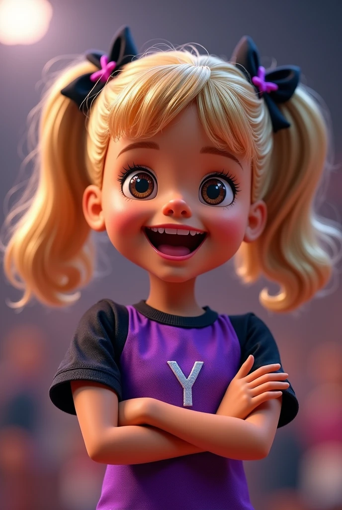 

Imagine a doll with a purple and black shirt, making the sign with crossed arms and index fingers, middle and pinky raised. He has a big smile and is full of energy, ready to cheer for "Cheer 7*1". 