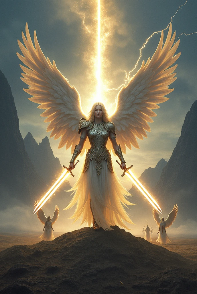 Create a hyper-realistic, awe-inspiring image for the "Five of Lights" card in the Lumen Angelis deck. The scene mirrors the composition of the Rider-Waite's Five of Swords but is reimagined within the celestial, ethereal aesthetic of Lumen Angelis.
The setting is an expansive, desolate plain at twilight, with the remnants of an otherworldly battlefield stretching out under a vast, stormy sky. In the distance, towering, jagged mountains loom, shrouded in mist and illuminated by intermittent flashes of lightning, symbolizing the turbulence and conflict that has taken place.
In the foreground, the central figure stands triumphantly, an angelic warrior with an imposing yet graceful presence. His wings, vast and shimmering, are spread wide, catching the last rays of the setting sun, which cast a golden, almost holy light upon them. His armor, intricately crafted from a luminous material, glows faintly with divine energy, etched with celestial runes that pulse with life. In his hand, he holds three radiant swords made entirely of light, their edges sharp and flickering with a near-blinding intensity. These swords represent victory, but also the isolation that comes with it.
Around him, two other angelic beings are depicted. They stand defeated and disheartened, their wings drooping, and their heads bowed in sorrow. One of them, still holding a sword of light, lets it slip from their grasp, the light dimming as it falls, symbolizing the loss and surrender. The other kneels, clutching at their chest, where faint scars of light pulse, as if their very essence has been wounded. Their garments, though still radiant, are tarnished and torn, reflecting the toll of their struggle.
The background is equally symbolic. The sky, a swirling canvas of dark clouds, hints at the aftermath of a celestial storm. In the far distance, faint, ghostly figures of angels retreat into the shadows, carrying their own dimmed swords of light. The ground is littered with the remnants of fallen w
