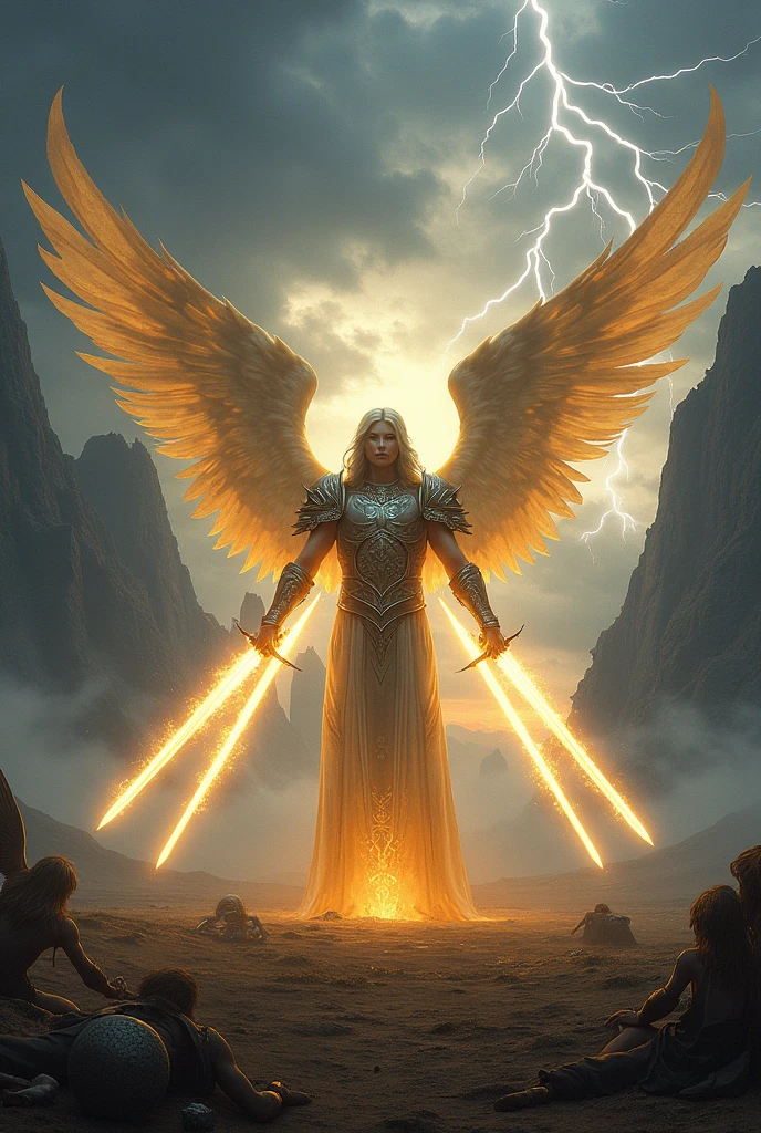 Create a hyper-realistic, awe-inspiring image for the "Five of Lights" card in the Lumen Angelis deck. The scene mirrors the composition of the Rider-Waite's Five of Swords but is reimagined within the celestial, ethereal aesthetic of Lumen Angelis.
The setting is an expansive, desolate plain at twilight, with the remnants of an otherworldly battlefield stretching out under a vast, stormy sky. In the distance, towering, jagged mountains loom, shrouded in mist and illuminated by intermittent flashes of lightning, symbolizing the turbulence and conflict that has taken place.
In the foreground, the central figure stands triumphantly, an angelic warrior with an imposing yet graceful presence. His wings, vast and shimmering, are spread wide, catching the last rays of the setting sun, which cast a golden, almost holy light upon them. His armor, intricately crafted from a luminous material, glows faintly with divine energy, etched with celestial runes that pulse with life. In his hand, he holds three radiant swords made entirely of light, their edges sharp and flickering with a near-blinding intensity. These swords represent victory, but also the isolation that comes with it.
Around him, two other angelic beings are depicted. They stand defeated and disheartened, their wings drooping, and their heads bowed in sorrow. One of them, still holding a sword of light, lets it slip from their grasp, the light dimming as it falls, symbolizing the loss and surrender. The other kneels, clutching at their chest, where faint scars of light pulse, as if their very essence has been wounded. Their garments, though still radiant, are tarnished and torn, reflecting the toll of their struggle.
The background is equally symbolic. The sky, a swirling canvas of dark clouds, hints at the aftermath of a celestial storm. In the far distance, faint, ghostly figures of angels retreat into the shadows, carrying their own dimmed swords of light. The ground is littered with the remnants of fallen w