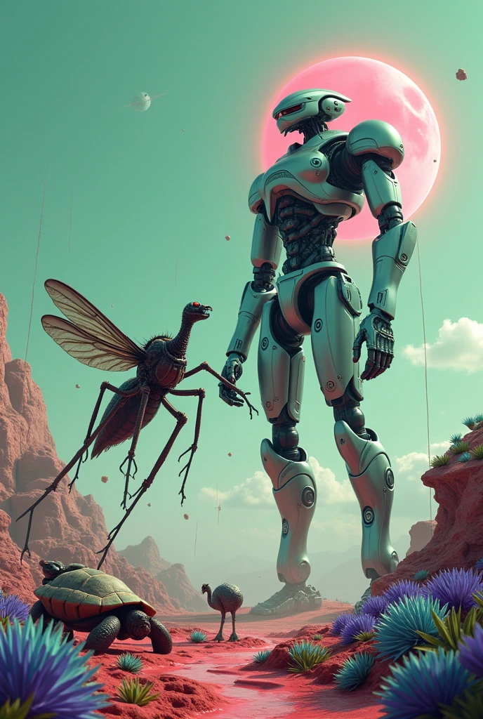 (photorealism:1.2) robot in an epic fight against a bionic mosquito without an eye on a planet very different from Earth where its inhabitants are turtles and ostriches with a green sky and a pink sun and red rain with blue and purple flowers