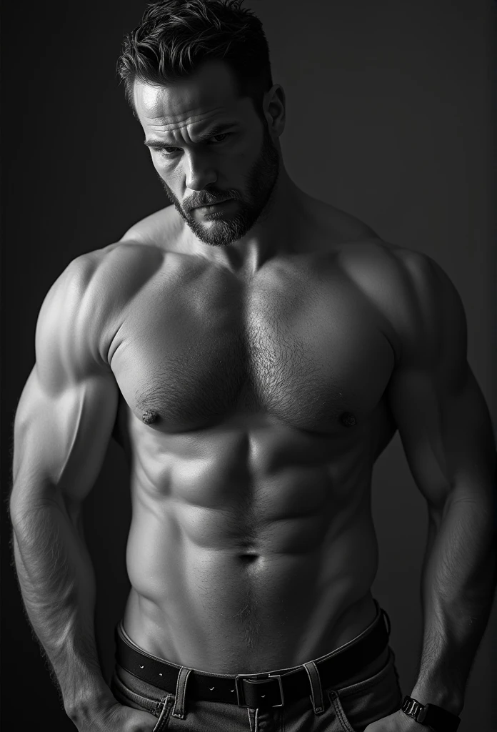 Chris pratt without clothes. Kale. Sensual shooting. pleasure. sweaty body . sex. Chest muscles! Chest hair! ((monochrome)), ((grayscale))