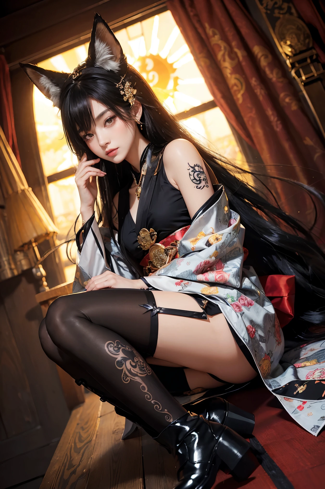 (Absurdly , high quality , Very detailed,View Photographer)、(((Black Super Straight Hair、Fox Ears)))、(((Fox God)))、Gorgeous and elegant Japanese kimonos, beautifully detailed with intricate patterns and traditional designs、((hair ornaments、Earrings、pantyhose、short boots))、((Tattoo))、(masterpiece, 最high quality, 最high quality, Official Art, Beauty and aesthetics: 1.2), (One person: 1.3)、(((Sun)))