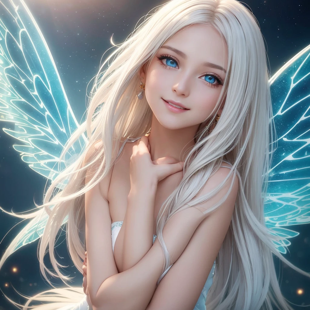 "Create an extreme close-up portrait of a Luminous Fairy. The focus should be on her radiant face, with flowing golden or white hair framing her features. Her eyes are bright and shining, radiating warmth and compassion. Her expression is warm and nurturing, with a gentle, reassuring smile and eyes that convey a deep sense of kindness. Her shimmering, prism-like wings can be subtly visible in the background, adding a touch of celestial glow to the image. The background should be softly blurred to keep the emphasis on her divine and heavenly aura."