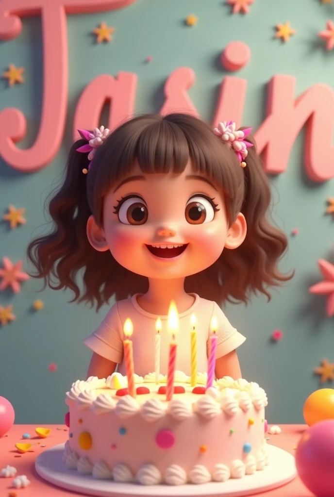 Cute  girl happy birthday Infront of cake. background text her name TASIN