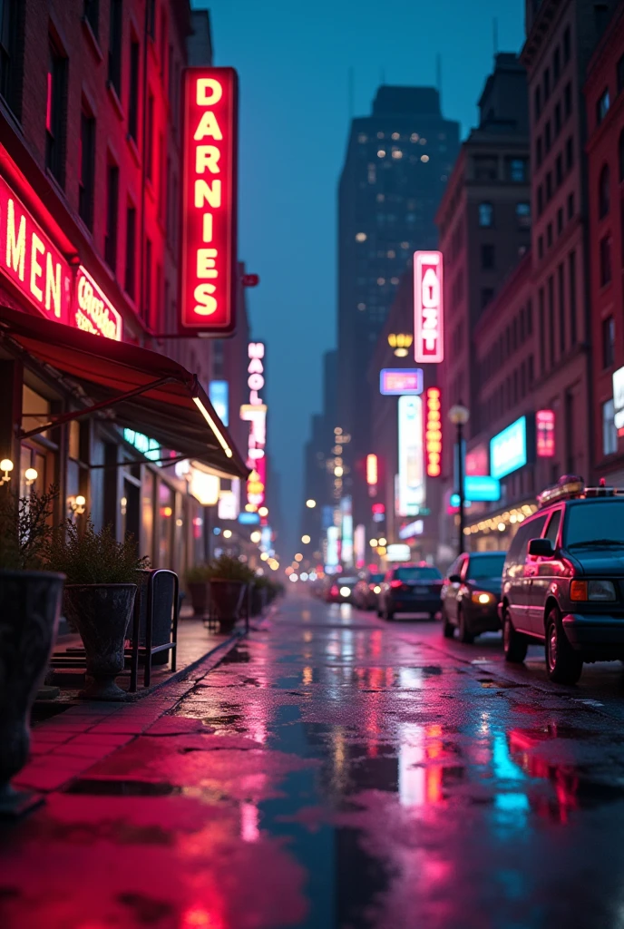 New York street at night with lights on the buildings in retro colors, slightly damp to wet street, Perfective image for close-up, realist, 8k, Dodge color softening 