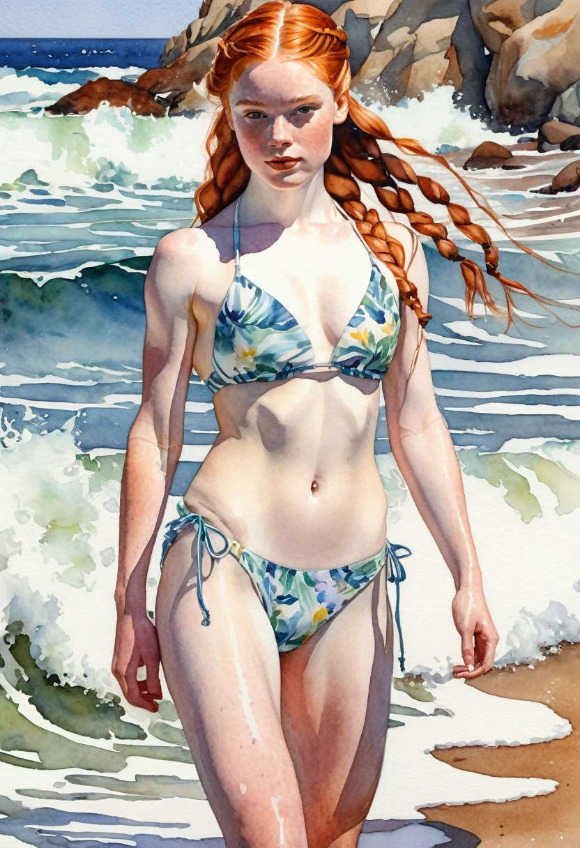 watercolor painting of a pale skin redhead 18 year old girl, long braided hair falling over her shoulders, ((muscular body)) with defined muscles showing strength and elegance, wearing a sheer bikini that highlights her physique, standing confidently on a sandy beach with gentle waves lapping at her feet, in the style of Norman Rockwell with vibrant colors and attention to detail