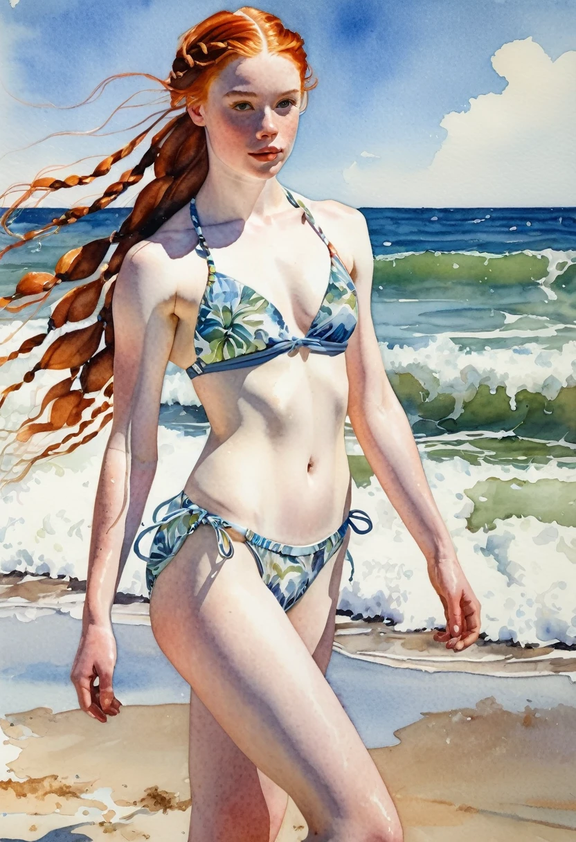 watercolor painting of a pale skin redhead 18 year old girl, long braided hair falling over her shoulders, ((muscular body)) with defined muscles showing strength and elegance, wearing a sheer bikini that highlights her physique, standing confidently on a sandy beach with gentle waves lapping at her feet, in the style of Norman Rockwell with vibrant colors and attention to detail