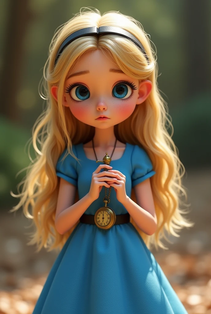 The image shows a cute, stylized version of a child Alice from Wonderland., with long blond hair and big blue eyes, wearing a blue dress with a black belt.  Alice holds a golden pocket watch in her hand, suggesting the passage of time and the events of the story. The Pixar image is very detailed and has a 3D style., with realistic textures and natural lighting. 
